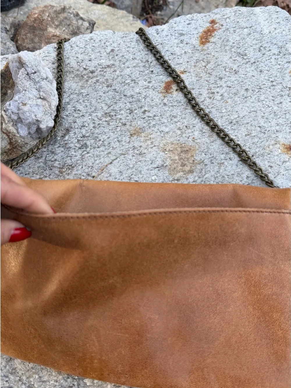 VERY VINTAGE J. Crew Tan Leather Envelope Clutch with Brass Chain